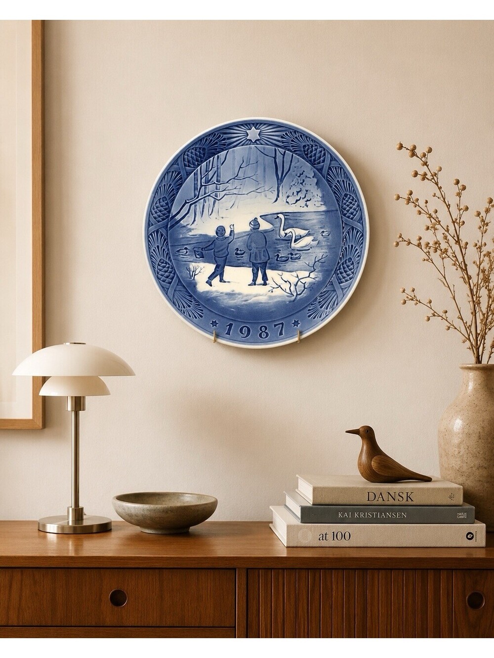 Royal Copenhagen 1987 Christmas Collector Plate Winterbirds Blue White, 7”